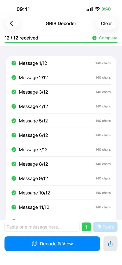 GRIB Decoder screen: 12 of 12 messages received, file complete