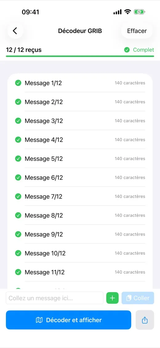 Écran Décodeur GRIB : 12 messages sur 12 reçus, fichier complet