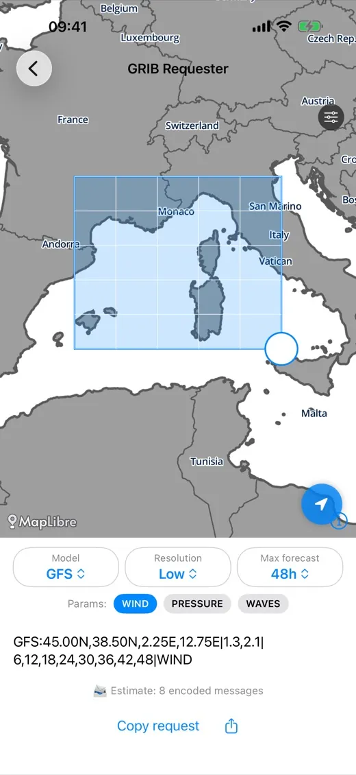 reChain Grib GRIB Request screen: area drawn over the Mediterranean, GFS model, generated request