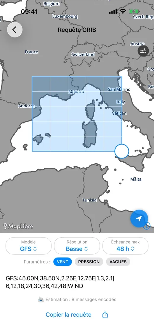 Écran Requête GRIB de reChain Grib : zone dessinée sur la Méditerranée, modèle GFS, requête générée