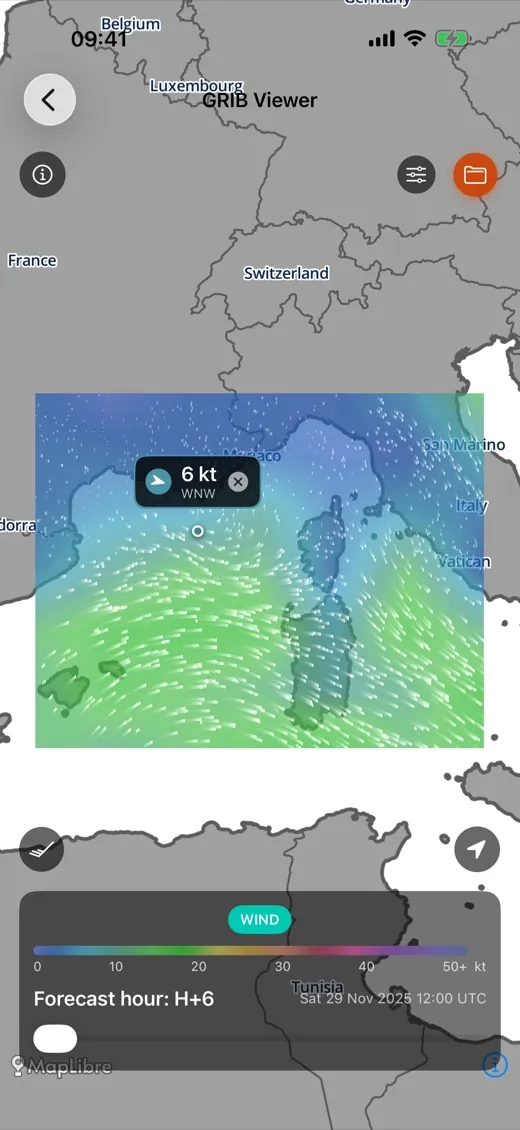 GRIB Viewer screen: animated wind over Corsica and Sardinia