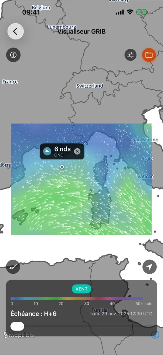 Écran Visualiseur GRIB : vent animé sur la Corse et la Sardaigne, 6 nœuds d'ouest-nord-ouest