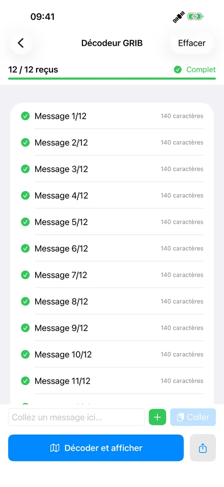 Écran Décodeur GRIB : 12 messages sur 12 reçus, fichier complet