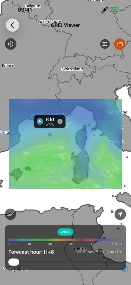 Offline wind map in reChain Grib, over Corsica and Sardinia