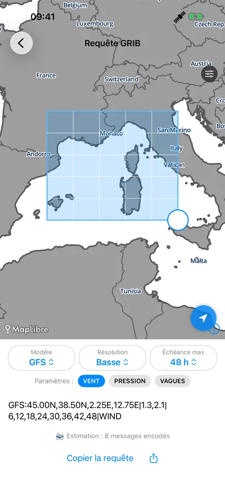 Écran Requête GRIB de reChain Grib : zone dessinée sur la Méditerranée et requête générée